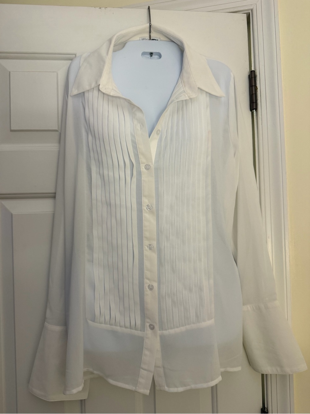 Fashion Nova White Pleated Tuxedo Button Front Sheer Blouse L